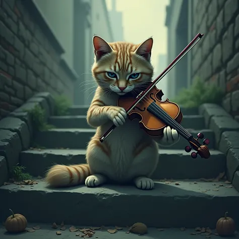 Cat on stone steps, comic overlaid on photo, cat playing violin, sorrow, despair, surreal tragedy, cinematic unknown, overwhelming dread, cel shaded, color grading for shading depth, vintage, 