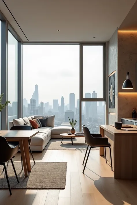  Create the interior of an apartment with a large window, a modern style living and dining room .