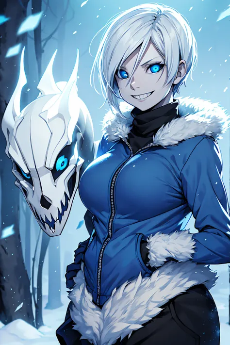 Toby Fox Undertale Sans Blue Jacket , Fire Eyes Skull Smile White Short Hair Luminous Face Blue Dragon Bone Cannon One Person Standing In Snow Town Femininefull Super huge big breasts breast enlargement