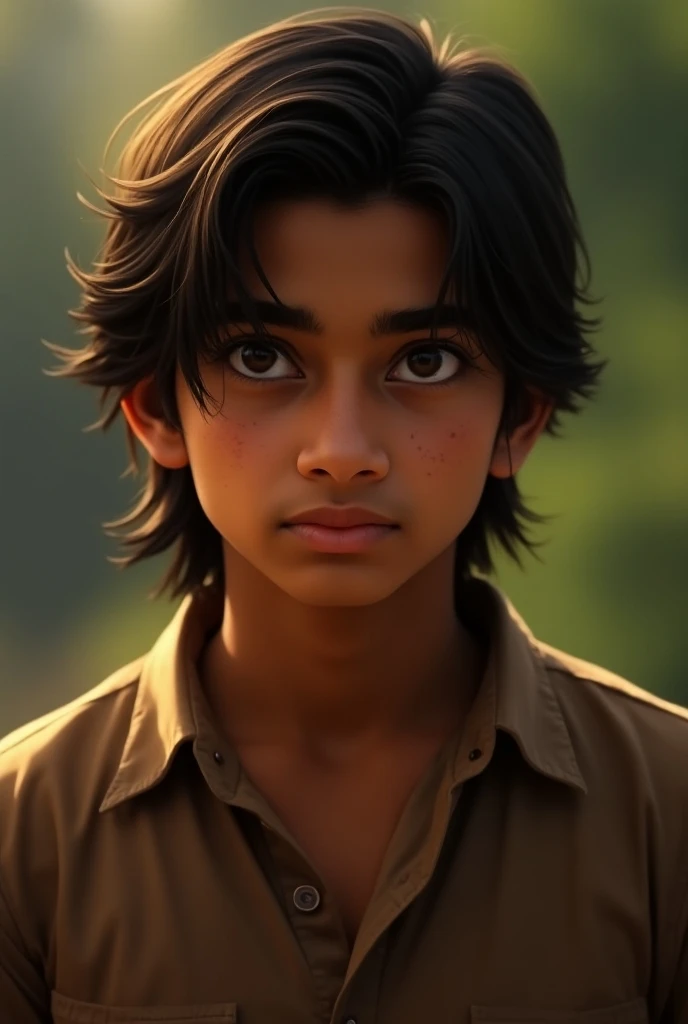 A 18 year Indian little brown boy with  long straight hairs sunlight fell to hisbrown eyes in brown College uniform tall have some pimples on his cheek 

