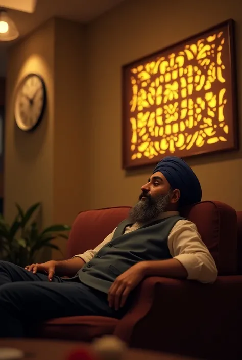 A  Sardar whos sitting on sofa in reception room  and his behind  hanging 
a small  wall clock and glow lattering logo thats in "Saanjh Rest House "make sure the taxt is not misspelled. 