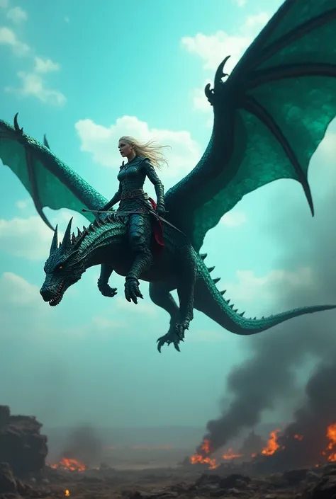 Targarian female warrior and her dragon Meilis flying over a battlefield with a turquoise sky 