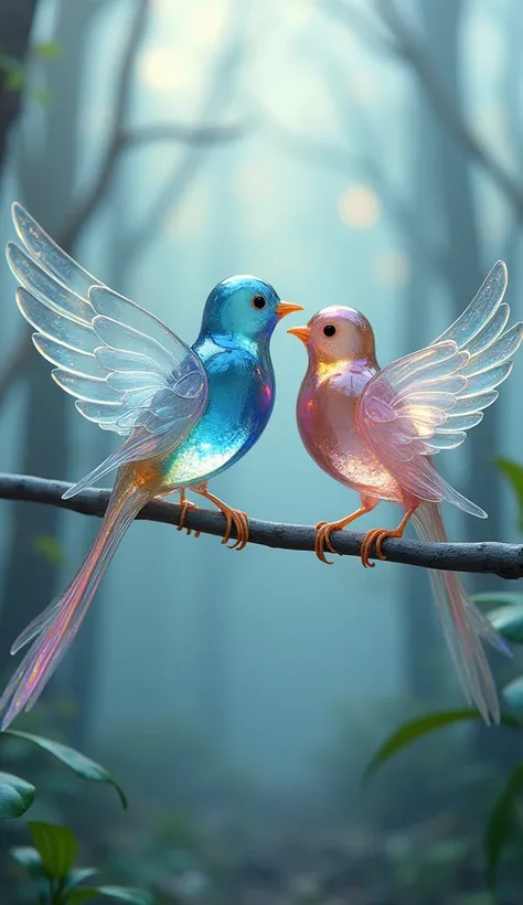 Two exquisite birds crafted entirely from translucent glass, perched gracefully on a delicate branch. Their bodies shimmer with reflections of soft blues, pinks, and greens, capturing and refracting the surrounding light like fine crystal. Each feather is ...