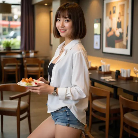 A Japanese very beautiful girl, Brown hair, Bob cut, Wearing a white-shirt, Shirt is open to the third button, Wearing a jeans shorts, Wearing sandals, Wearing a necklace, Wearing a fashionable and pretty watch, Wearing red nail polish, Smiling, Sweaty, Ey...