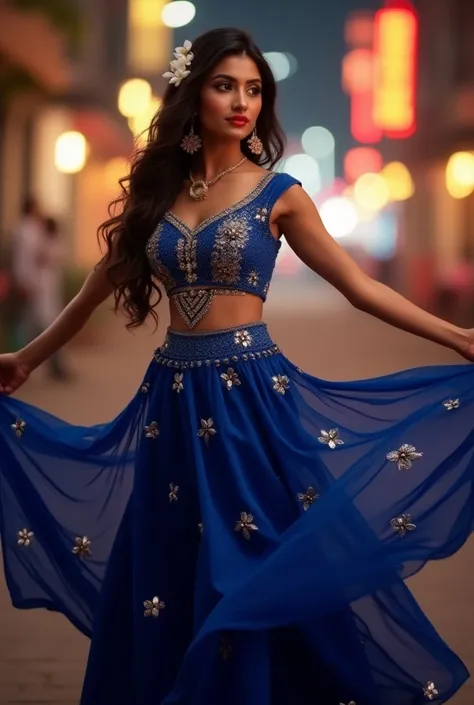 A stunning portrait of a modern Gujarati woman during Navratri, wearing a contemporary designer chaniya choli in deep royal blue with mirror work and zari embellishments. Her outfit features a cropped blouse with subtle cut-work, paired with a flowing lehe...