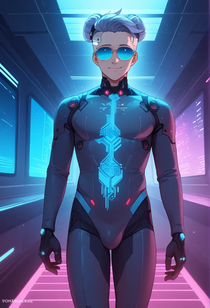 a virtual man vibrant and futuristic with an elegant , modern look, standing in a digital world .  he has luminous light ,  holo...