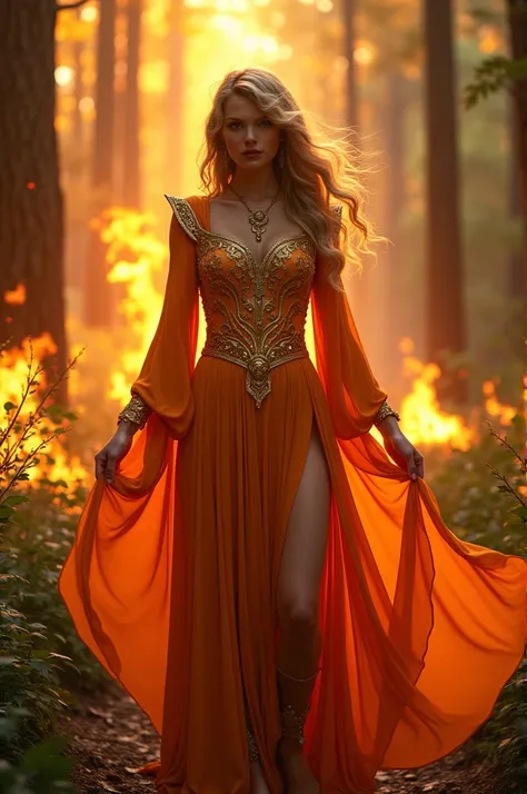 singer taylor alisson swift in a forest on fire wearing orange sorceress clothes