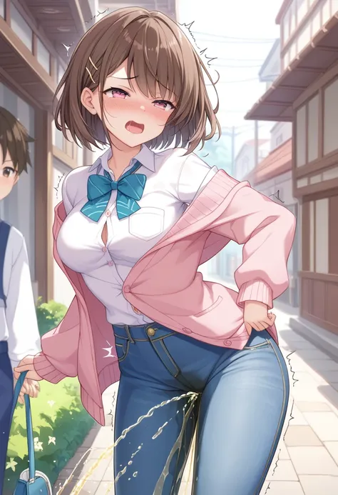 female、high image quality、brown short hair、denim jeans、clothes with buttons、troubled face、embarrassing、pink clothes、erecting 、(p...