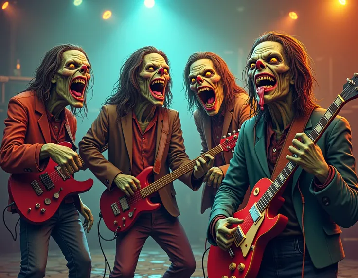 realistic style with a bit of inspiration from comics depicting friendly and happy zombies vomiting from laughing so much, with emphasis on laughter and vomiting, they wear rock band clothes