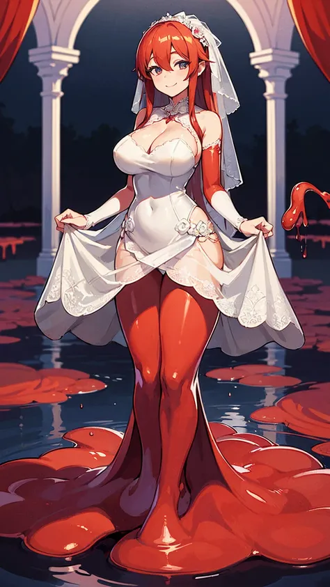 ((masterpiece,best quality,ultra-delicate,Perfect Face,detailed eyes,16k,high resolution,very beautiful girl)),((high viscosity red slime body ,melting legs:1.5,Best Anime)),sharpnes,clear,The Art of Phenomenal Depictions,melting red long hair,(1 girl),lar...