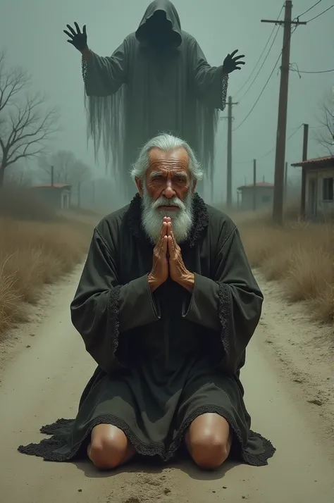  The image of José Benedito praying ,  lace stockings , in the middle of a deserted road ,  trying to ward off the threatening presence.