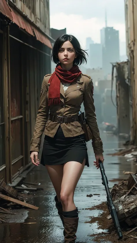 (((ultra realistic))) photo, masterpiece,  Hyperrealistic image of Mikasa Ackerman ,  a young woman with short black hair and dark eyes , wearing red scarf and combat uniform .  Background of a ruined city with titans in the background,  capturing her cour...