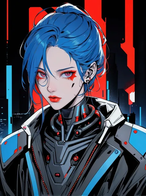 Robot, humanoid, no gender, red and blue coloured, cyberpunk style, solo, damaged