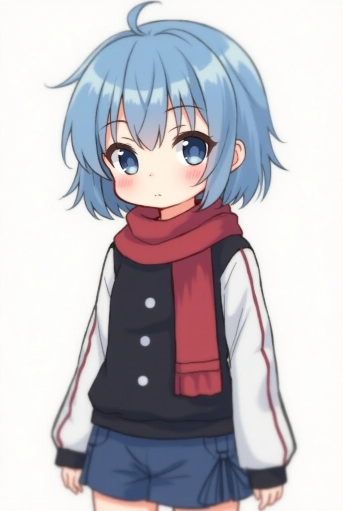 Cute Shota 、The hair is short and blue, and the hair on the front side is slightly dark blue、My skin is slightly whitish 、Eyes are deep blue、 anime style、Red scarf、 the costume is black overall, but the sleeves are white and the sleeves are drawn verticall...