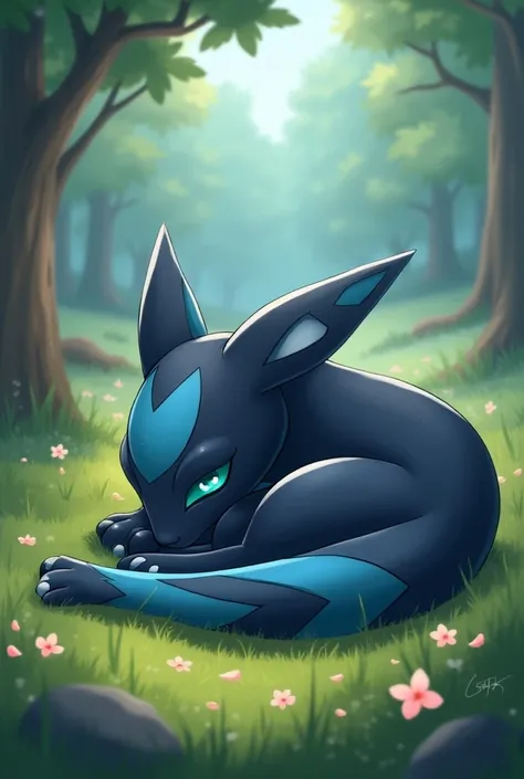 The Pokemon Lucario is sleeping