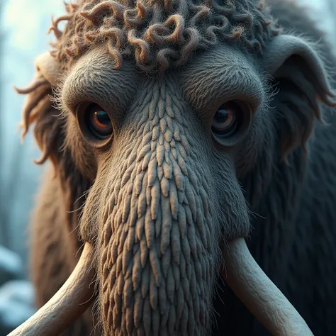 "Depict a close-up of a woolly mammoths thick fur, showcasing the dense, woolly hair that protected it from the harsh cold. The fur appears tangled and layered, with shades of brown and gray, conveying the animal’s adaptation to the Ice Age climate."
