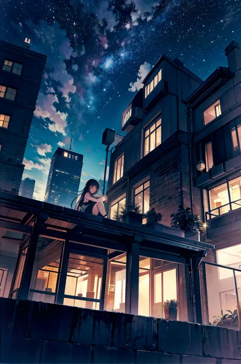 octane, null, star (null), scenery, starry null,  Knight ,  1 girl,  Knight  null, Alone, Outdoor,  building , cloud, milky way,  sitting, tree, Long Hair, city,  silhouette, cityscape,  に座ってnullを見上げている猫, 8k, Beautiful night null,  ray tracing, masterpiece...