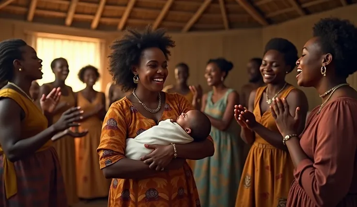 (photorealism:1.2), an igbo woman just gave birth to a new born baby, shes inside a hut, other villagers are inside the hut, theyre singing and dancing in celebration 