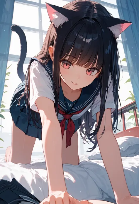 Score_9,Score_8_up,Score_7_up,highest quality anime,super detailed,masterpiece,high-resolution,absurd,1 cat girl,slim,(black_long_hair,straight_bangs:1.2),(wearing school uniform:1.2),(cat ear,cat tail),loving me,on all fours,in bed,POV from below