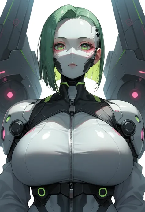 1girl,Cyberpunk Masks / Techwear Masks – Techwear front view, huge breasts,hair cut bob, pink and green colors, solo, simple background, white background, upper body, no humans, glowing, robot, mecha, zipper, science fiction, straight-on