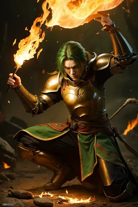  draw characters casting fire spells。Characters must be aggressive 、 wear green clothes and armor parts on their shoulders and knees 。Against a dark background、 make the flames look bright and intense 。
