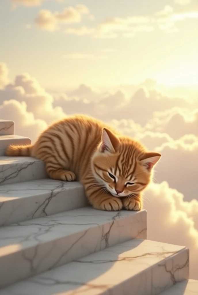 There is a paradise where the cutest 3-meter-tall giant brown tiger pattern kitten in the world lives on marble steps that extend above the clouds、(((Realistic:1.3))、 seems happy、Warm Light