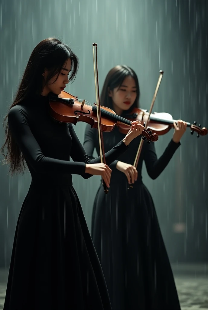 ((best quality)), ((masterpiece)), (detailed), 2girl, Asia girl,
Japanese beautiful woman,slim、 slender、 Straight Medium Hair 、 Goes Black Rain Sunlight Leaking Through Clouds、 Touching Your Face 、Black high neck、Opera Stage、Two Women Play the Violin 、docu...