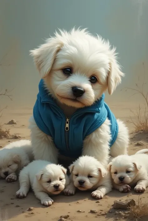 WHITE MALTESE PUPPY WITH BLUE VEST CRYING FOR THE DEATH OF HIS PUPPIES THAT SURROUND HIM 