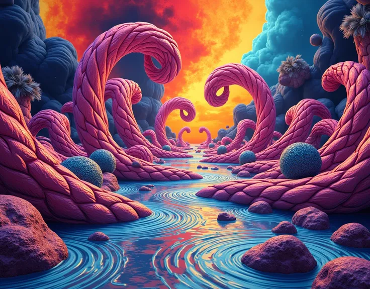 Develop an abstract image with psychedelic patterns, fluid shapes, and a bold color palette. The image should have a sense of movement and fluidity, with complex textures that capture the essence of contemporary digital art.