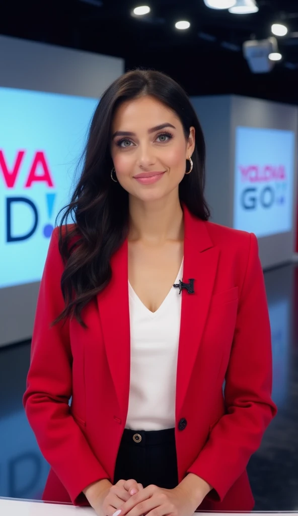 "A close-up of a female news anchor in a professional news studio, directly facing the camera. She has dark hair, green eyes, and is wearing a red blazer, white shirt, and a short black skirt, though only her upper body is visible in this shot. Behind her,...