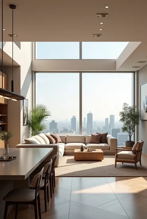 Create the interior of an apartment with large windows that has a living room and a dining room with a modern style