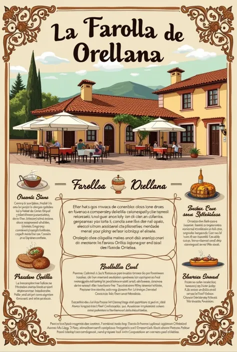  Infographic of the restaurant in La Farola de Orellana, which is located in Abra Málaga, which is in Spanish and is understood and that shows good work in Spanish please not English 