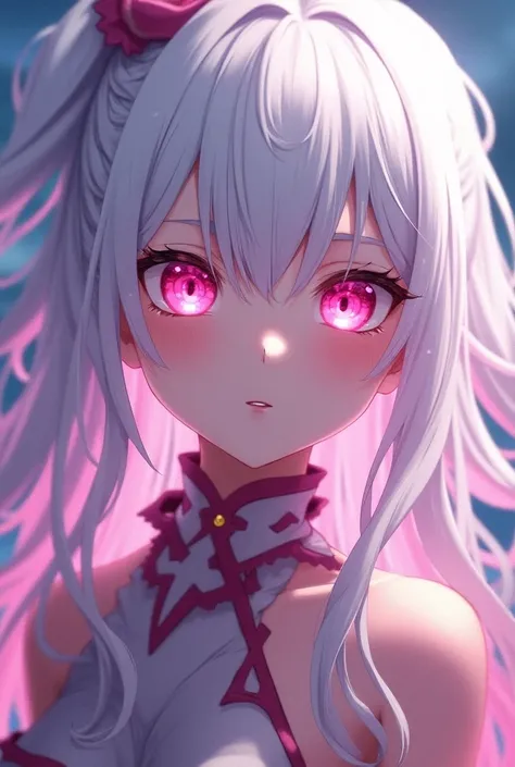  Make a beautiful female protagonist with white hair with some randomly painted pink locks, with bangs and pink eyes ,  with features from the anime Boku no hero .