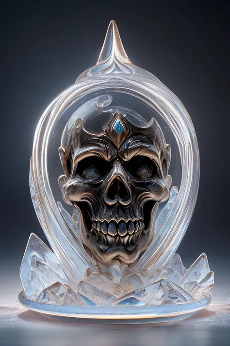 a ice onlysculpture, eerie zembie ,ice sculpture, ice all sculpture,all ice only sculpture,live action,turn face to the camera,front,looking at camera,flying dinosaur,uncanny,ghostly, horror ,zombie devil,background, dreamlike colors, transparent ice sculp...