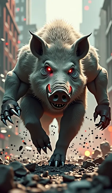  a wild boar that has become ferocious, awakened, and turned into a monster has red eyes, light, and strong muscles々Sharp claws, a giant wild boar that runs amok in the city 

