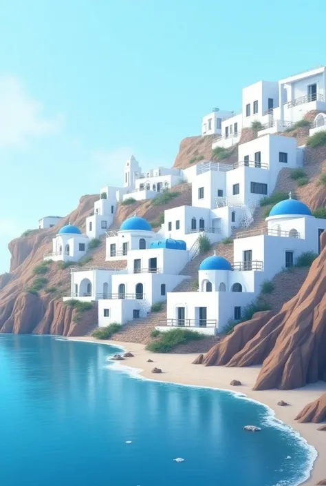 mesa, Mejor calidad,​obra maestra, en Santorini, village at the beach,  (((only houses and builds with blue domed roofs and white walls))), town with a low density of houses, (((coral barrier at the sea)))