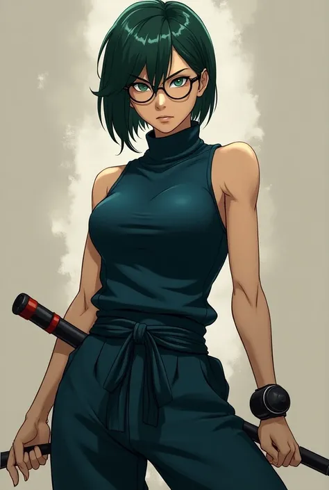 Jujutsu kaisen style, fair skin, strong, athletic young woman with a bold, confident demeanor. She has a well-defined, muscular build, Her face is sharp and expressive, with a fierce gaze. her eyes are an intense, piercing green, which enhances her determi...