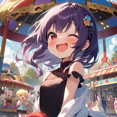 (master piece),(best quality), Peaceful scene at an amusement park in clear weather 。Under the bright blue sky、 A petite girl riding a colorful merry-go-round is smiling happily。 Other rides and families in the amusement park can be seen in the background ...