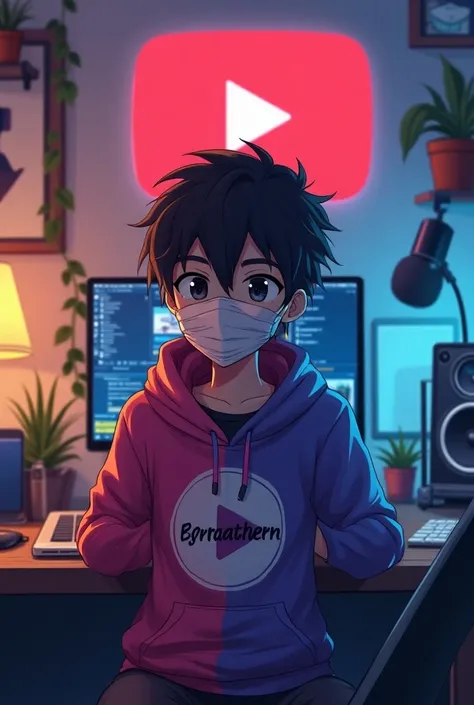 Create a image of "A 18 years anime boy, sitting in front of a computer desk with a microphone and laptop, wearing PINK and BLUE hoodie with the Channel Name on it "TRADING WITH SURAJ". The background includes a large YouTube logo on the wall, potted plant...