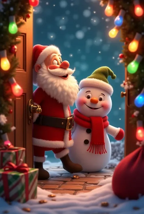  Santa Claus animated and fun opening the door .  Behind a snowman with a red scarf and a green hat.  The door is surrounded by light bulbs of various colors  . On the floor red bag with gifts 