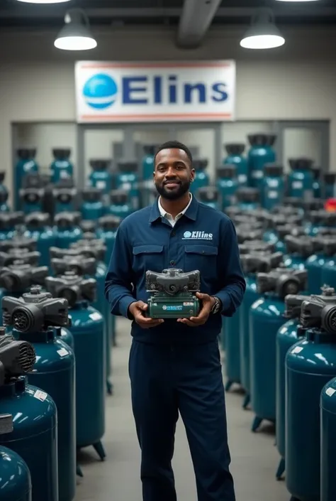 A showroom of different types of air conditioner and fridge compressors in view with a Nigerian black technician holding one of the compressors and Elins Nig Ltd should be obviously in the background and also on the coverall the technician is wearing