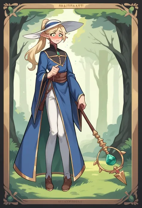 (best quality, masterpiece), (1boy,solo), full body, pale, freckled skin, elf, forest Green eyes, long silky blonde hair, ponytail, Wearing Which hat, stary blue robe, Slim, Femboy, Twink, holding staff, nervous, sweating, feminine 