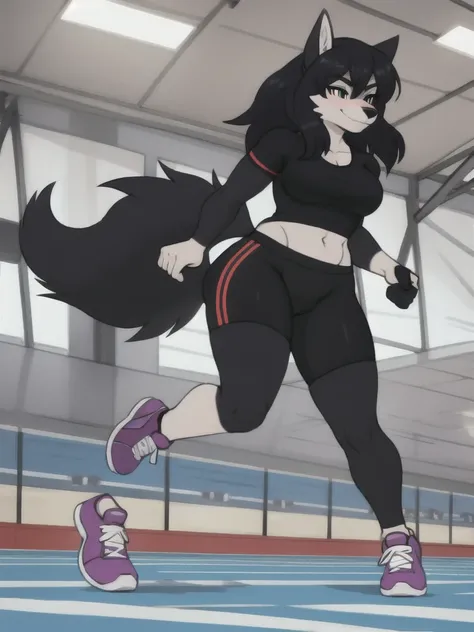 Furry, wolf, female, black shirt, black spandex bike shorts, shoes, indoor running track, friend, competitor, full body