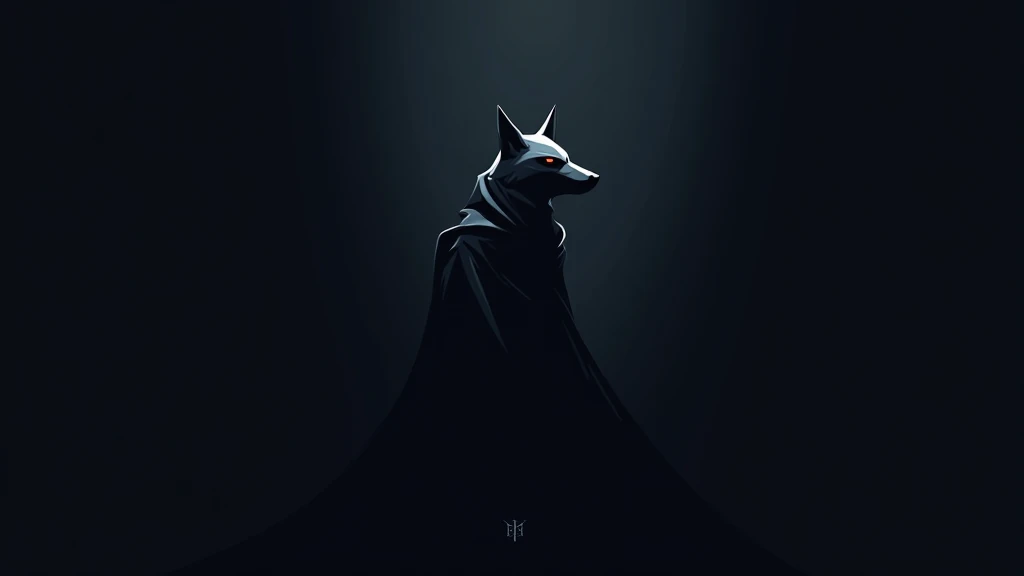 a minimalist, modern logo featuring a lone wolf cloaked in shadows, with a mysterious, sleek appearance. The wolf should have sharp, angular features and a stoic, contemplative expression. The cloak should flow around the wolfs silhouette, adding an air of...