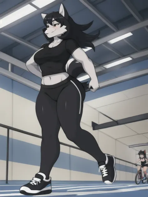 Furry, wolf, female, black shirt, black spandex bike shorts, shoes, indoor running track, friend, competitor, full body