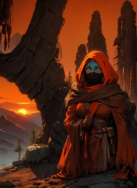  Humanoid fantasy creature with stone skin , with a mask that covers her face ,  with rags and brown fabrics that completely cover her body, eyes with an orange glow , against a background of mountains and forest ,  at sunset 