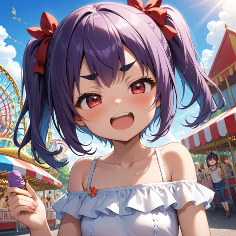 (master piece),(best quality), Peaceful scene at an amusement park in clear weather 。Under the bright blue sky、Im licking colorful soft serve ice cream。 Other rides and families in the amusement park can be seen in the background 、 The whole thing is wrapp...