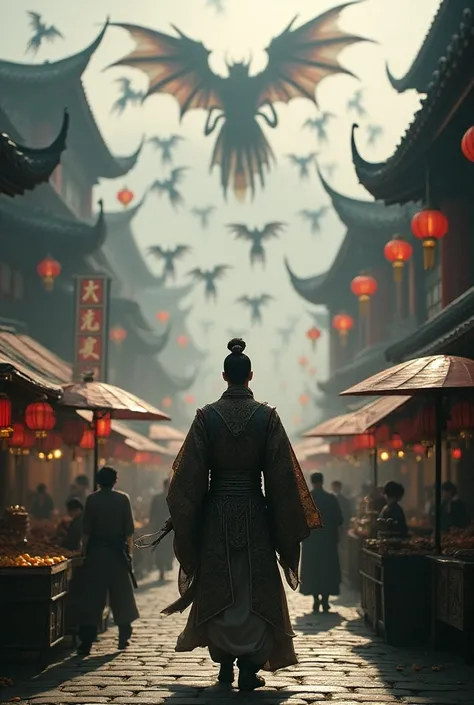 Man dressed in Chinese antiques walks across a raucous bridge below a bridge full of demons