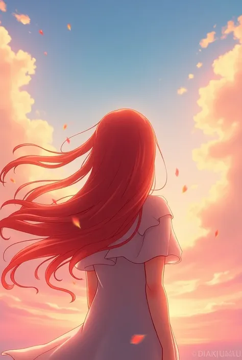 Some locks of red hair swaying in the wind against the pink sky with orange nuances ( Anime style)