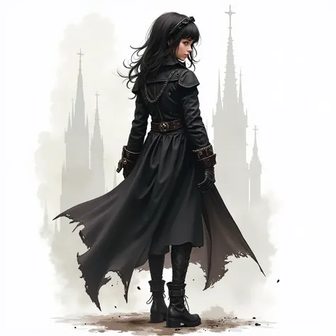 hyperrealistic concept, video game art style black graphics, casual video game style, white background, torn background, exposed composition, black watercolor paint, rich shadows, girl in steampunk tailcoat, gothic cathedral,